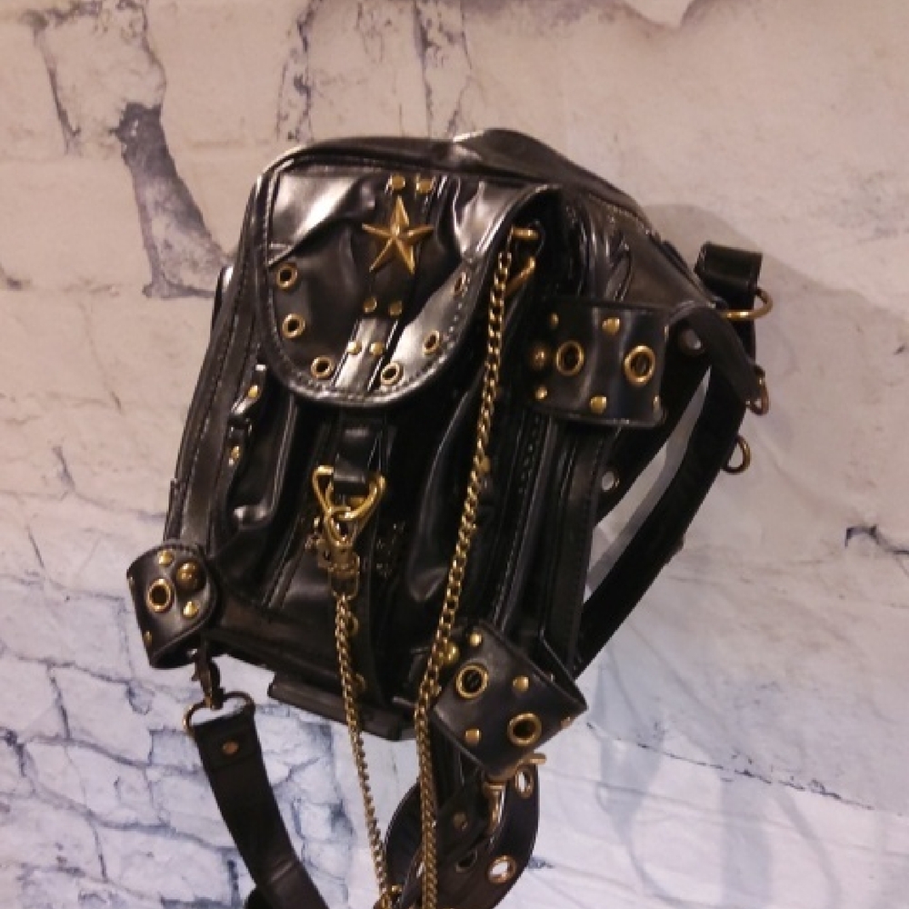 Biker Goth Black Leather Studded Convertablw Hip Bag Backpack